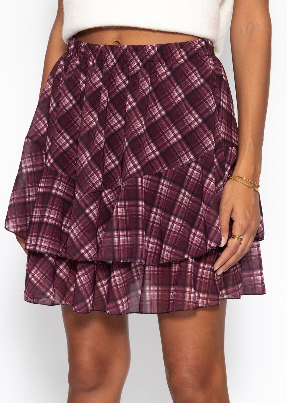 Jupe volant courte à motif tartan - prune