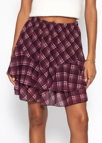 Jupe volant courte à motif tartan - prune