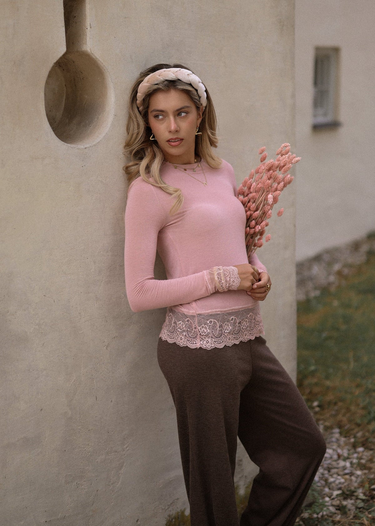T-shirt à manches longues avec dentelle et part de cachemire - vieux rose