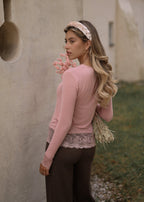 T-shirt à manches longues avec dentelle et part de cachemire - vieux rose