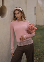 T-shirt à manches longues avec dentelle et part de cachemire - vieux rose