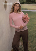 T-shirt à manches longues avec dentelle et part de cachemire - vieux rose