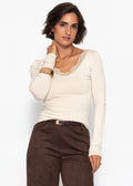 T-shirt à manches longues avec décolleté en dentelle - beige clair