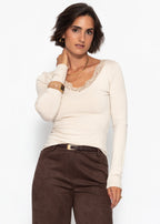 T-shirt à manches longues avec décolleté en dentelle - beige clair