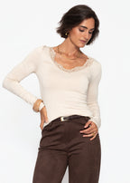 T-shirt à manches longues avec décolleté en dentelle - beige clair