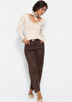 T-shirt à manches longues avec décolleté en dentelle - beige clair