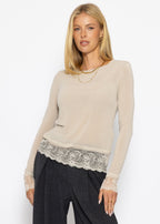 T-shirt à manches longues avec dentelle et part de cachemire - beige