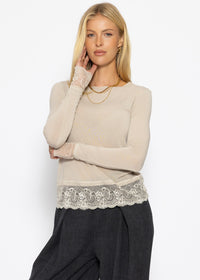 T-shirt à manches longues avec dentelle et part de cachemire - beige