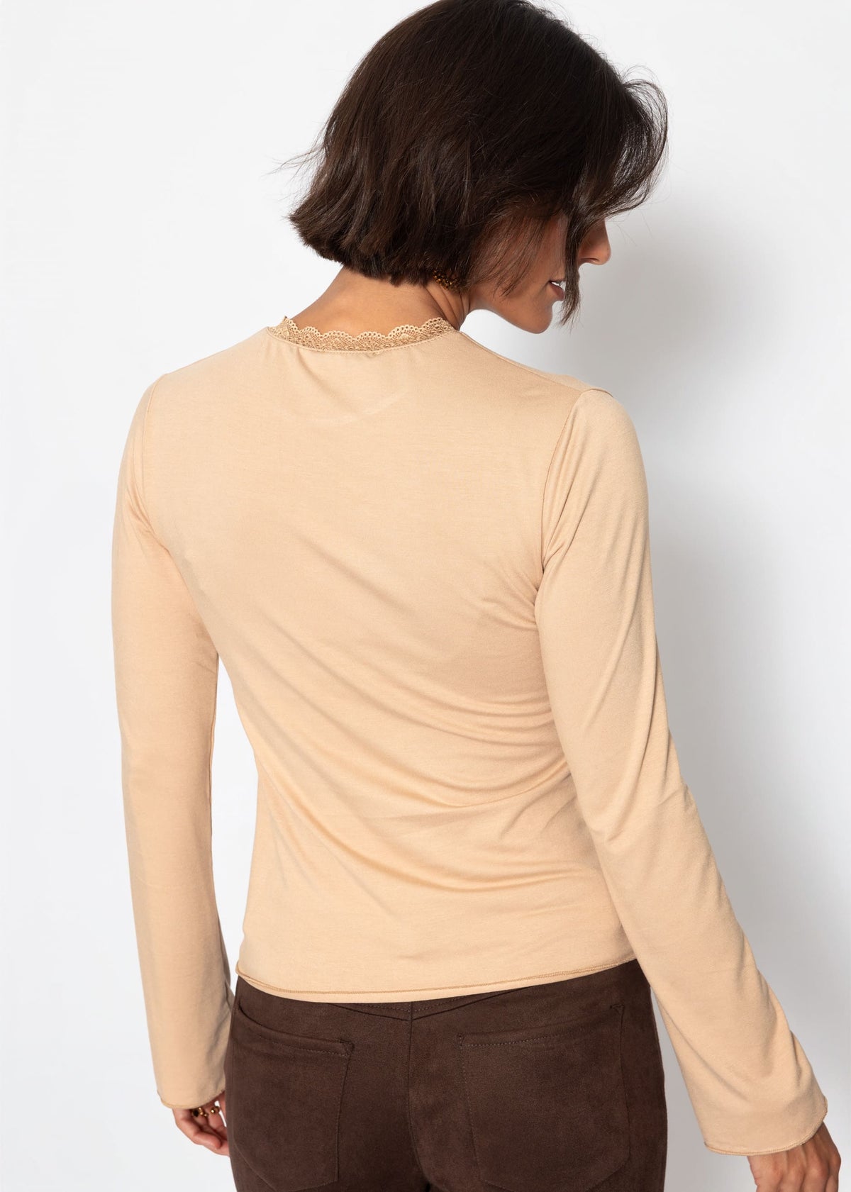 T-shirt à manches longues avec insert en dentelle - beige