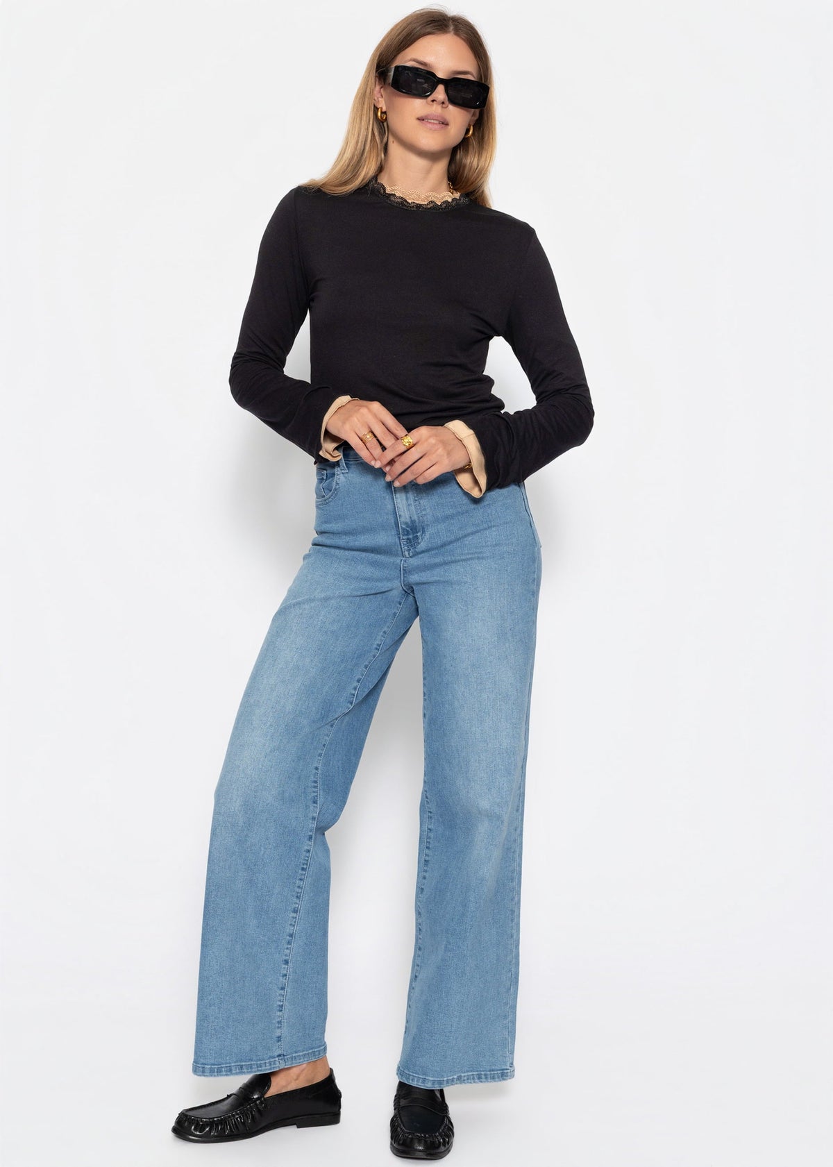 T-shirt à manches longues avec insert en dentelle - noir