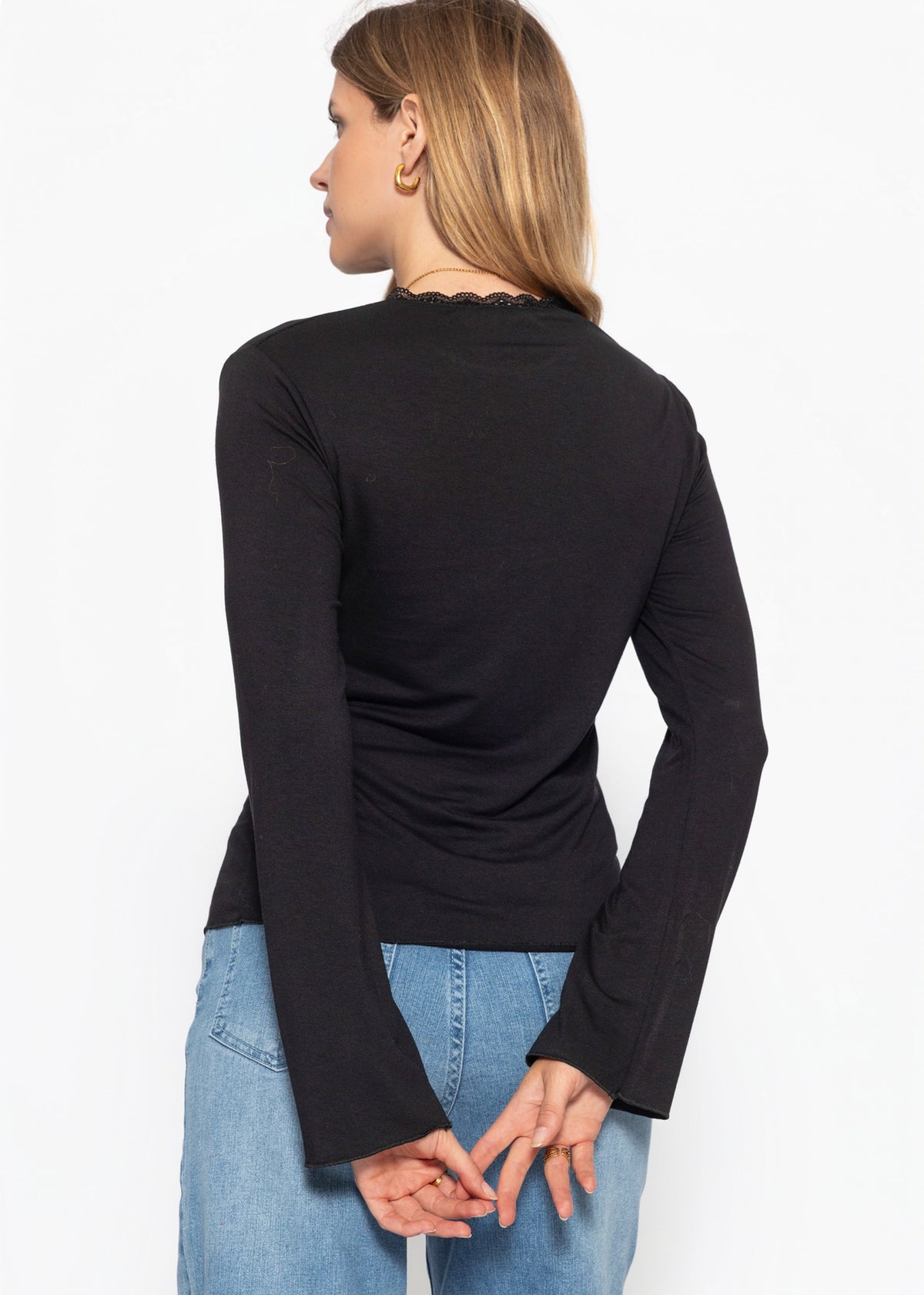 T-shirt à manches longues avec insert en dentelle - noir