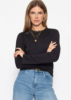 T-shirt à manches longues avec insert en dentelle - noir