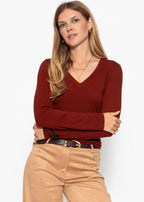 T-shirt à manches longues avec décolleté en V - bordeaux