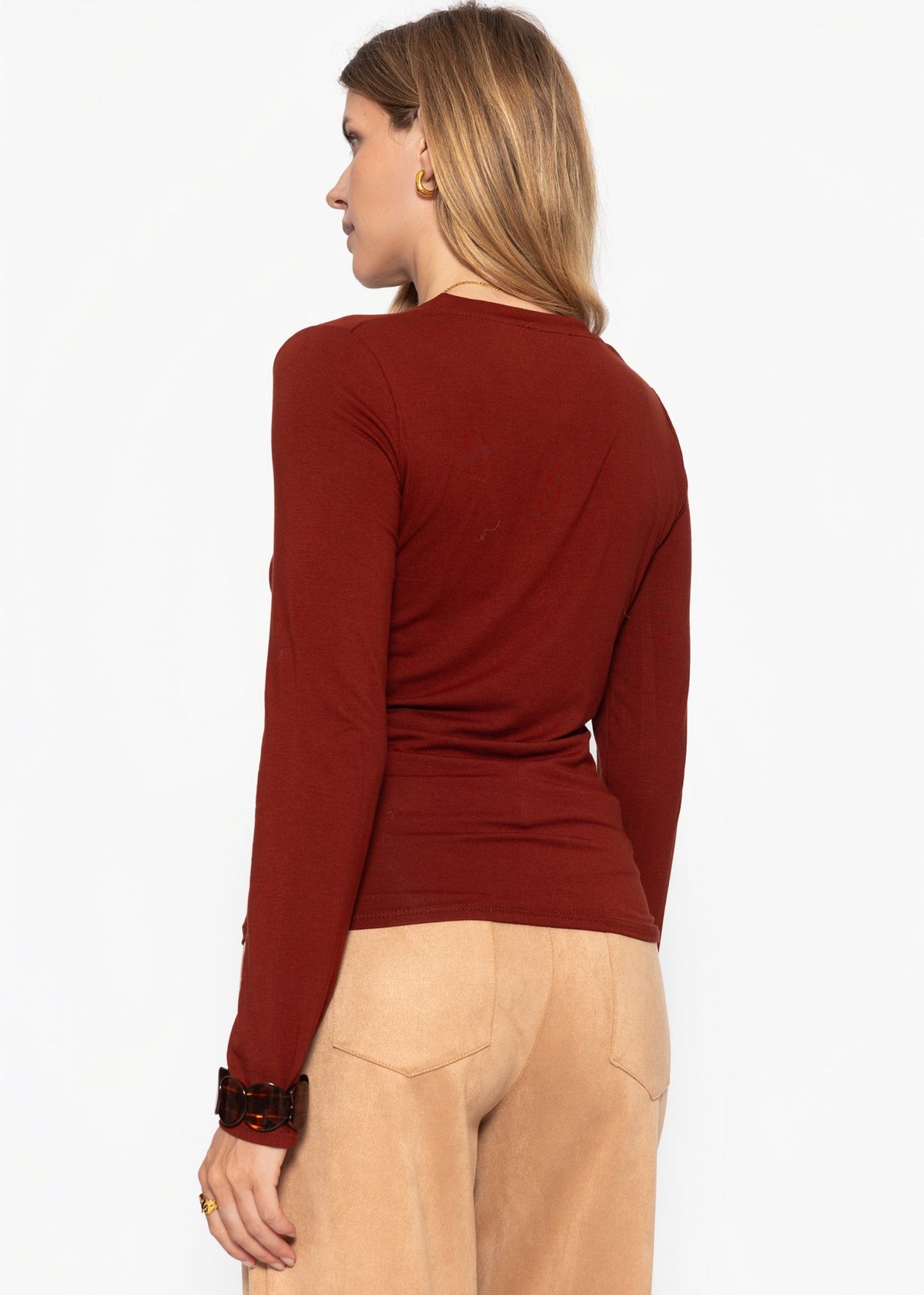 T-shirt à manches longues avec décolleté en V - bordeaux