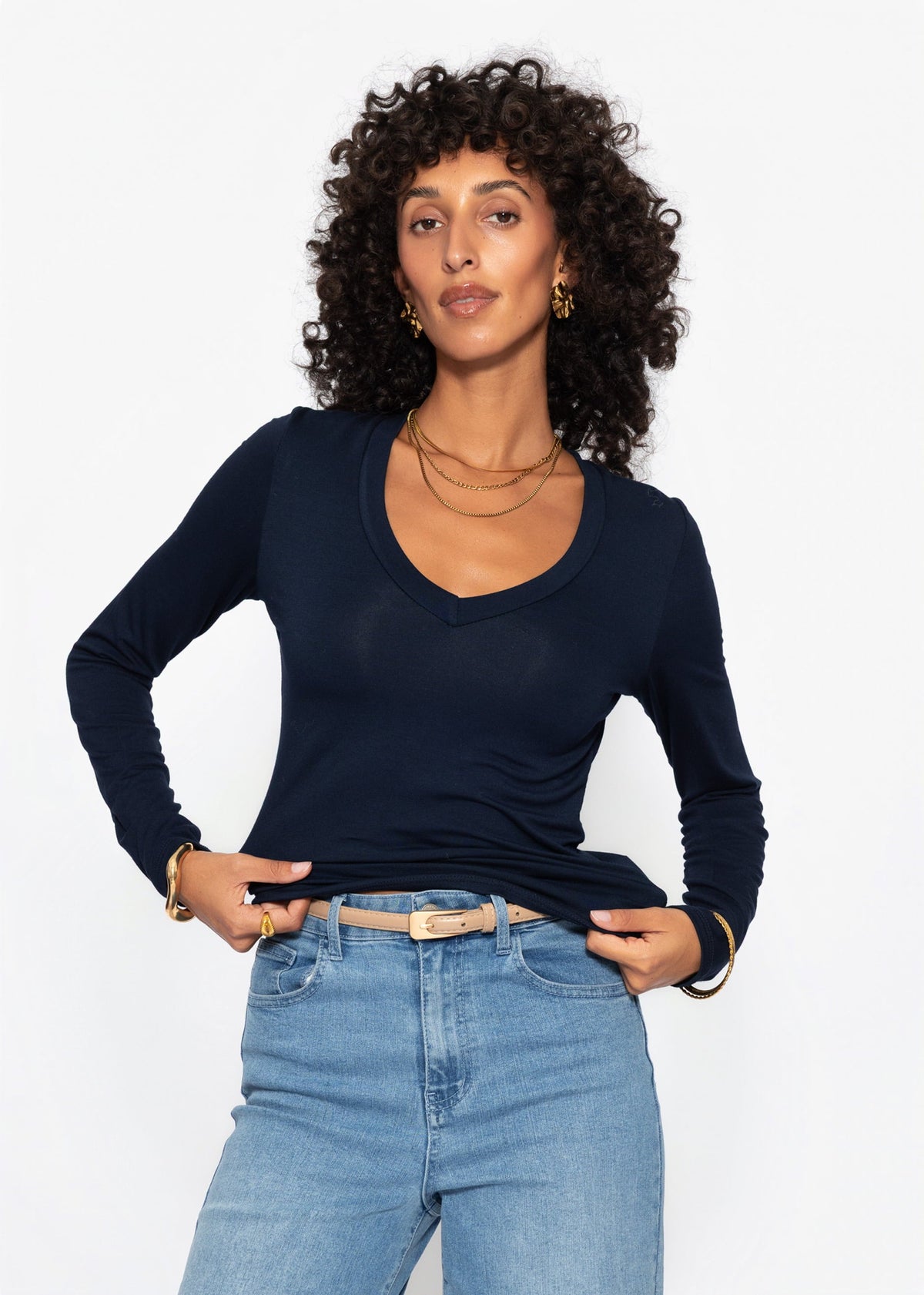 T-shirt à manches longues avec décolleté en V - bleu marine