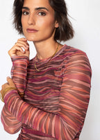T-shirt à manches longues en mesh avec des rayures abstraites - baies
