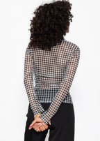 T-shirt à manches longues en mesh avec motif pied-de-poule - noir