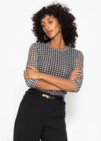 T-shirt à manches longues en mesh avec motif pied-de-poule - noir