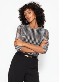 T-shirt à manches longues en mesh avec motif pied-de-poule - noir