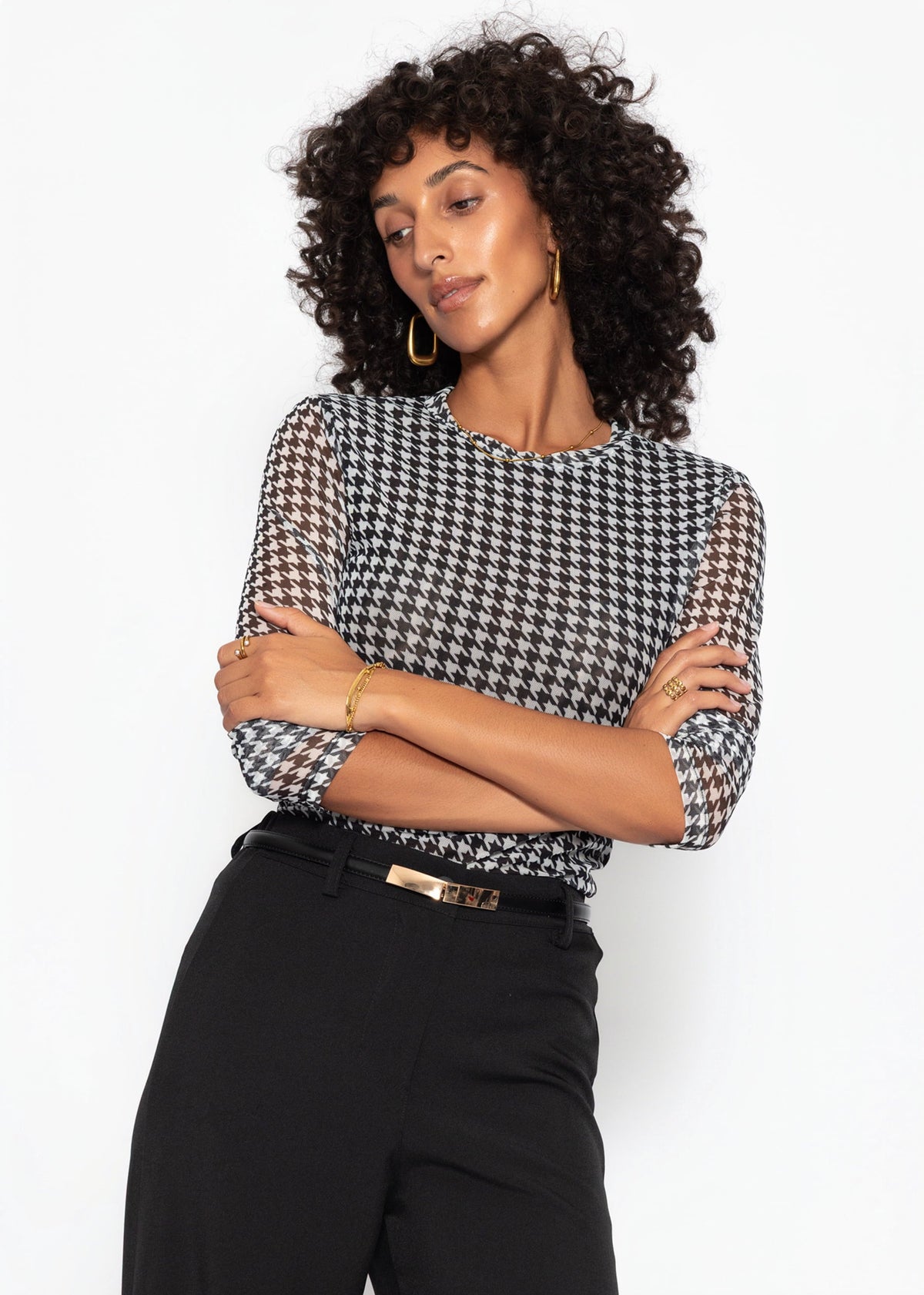 T-shirt à manches longues en mesh avec motif pied-de-poule - noir