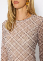 T-shirt à manches longues en mesh à motif à carreaux - beige