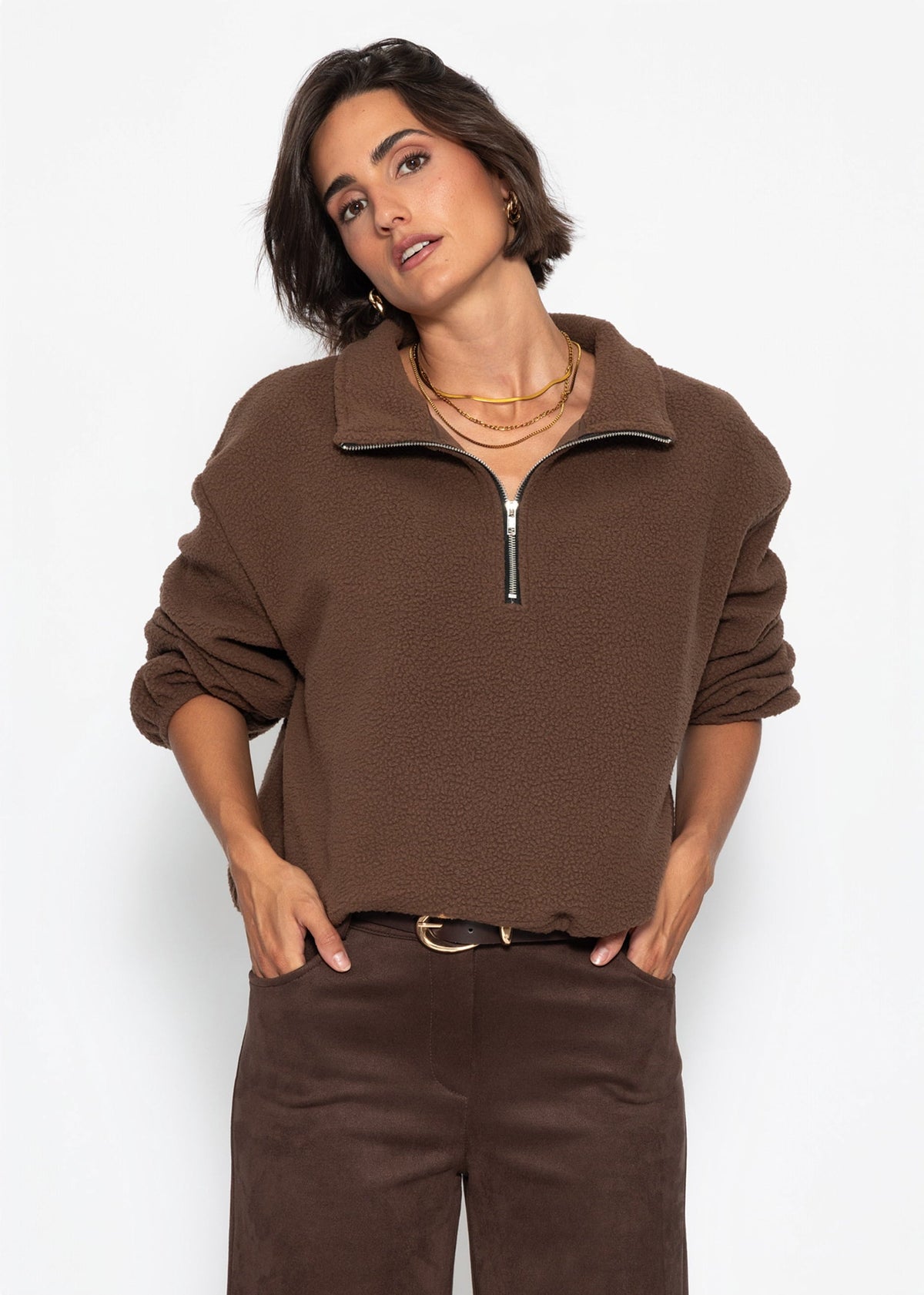 Sweat à capuche en polaire oversize avec fermeture éclair - marron