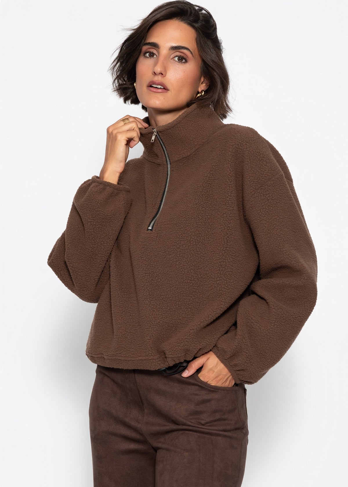 Sweat à capuche en polaire oversize avec fermeture éclair - marron