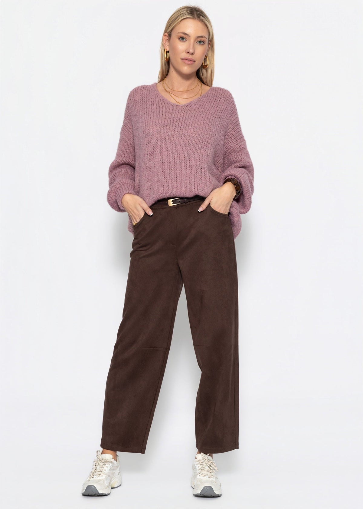 Pull oversize avec décolleté en V - vieux rose