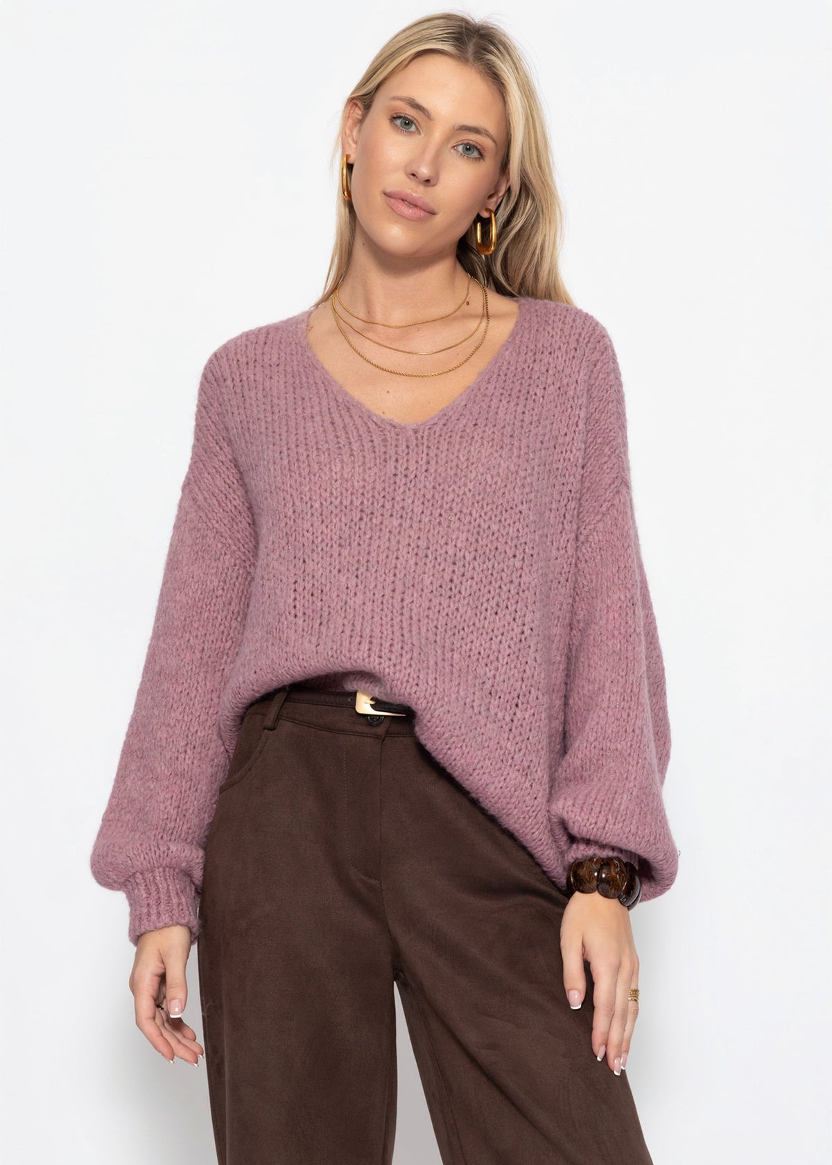 Pull oversize avec décolleté en V - vieux rose