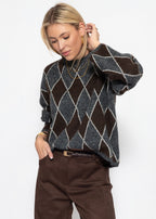 Pull en tricot oversize avec motif losange - gris-brun