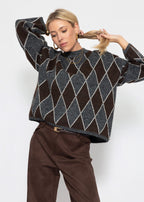 Pull en tricot oversize avec motif losange - gris-brun