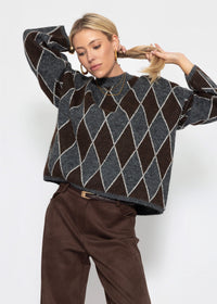 Pull en tricot oversize avec motif losange - gris-brun