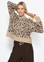 Pull à large côtes et motif léopard - beige