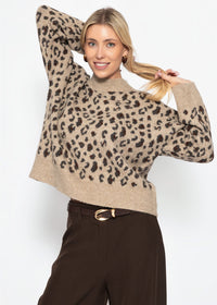 Pull à large côtes et motif léopard - beige