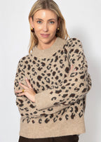 Pull à large côtes et motif léopard - beige