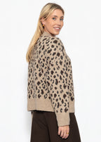 Pull à large côtes et motif léopard - beige