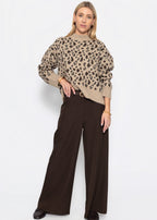 Pull à large côtes et motif léopard - beige