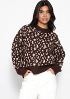 Pull à large côtes et motif léopard - marron