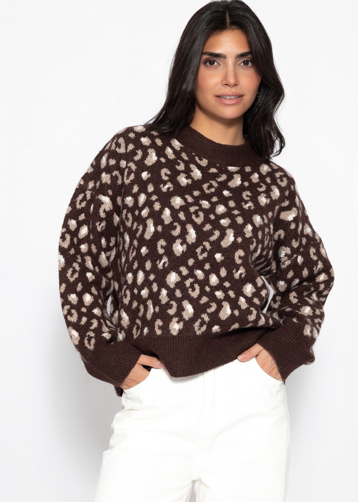 Pull à large côtes et motif léopard - marron