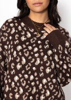 Pull à large côtes et motif léopard - marron