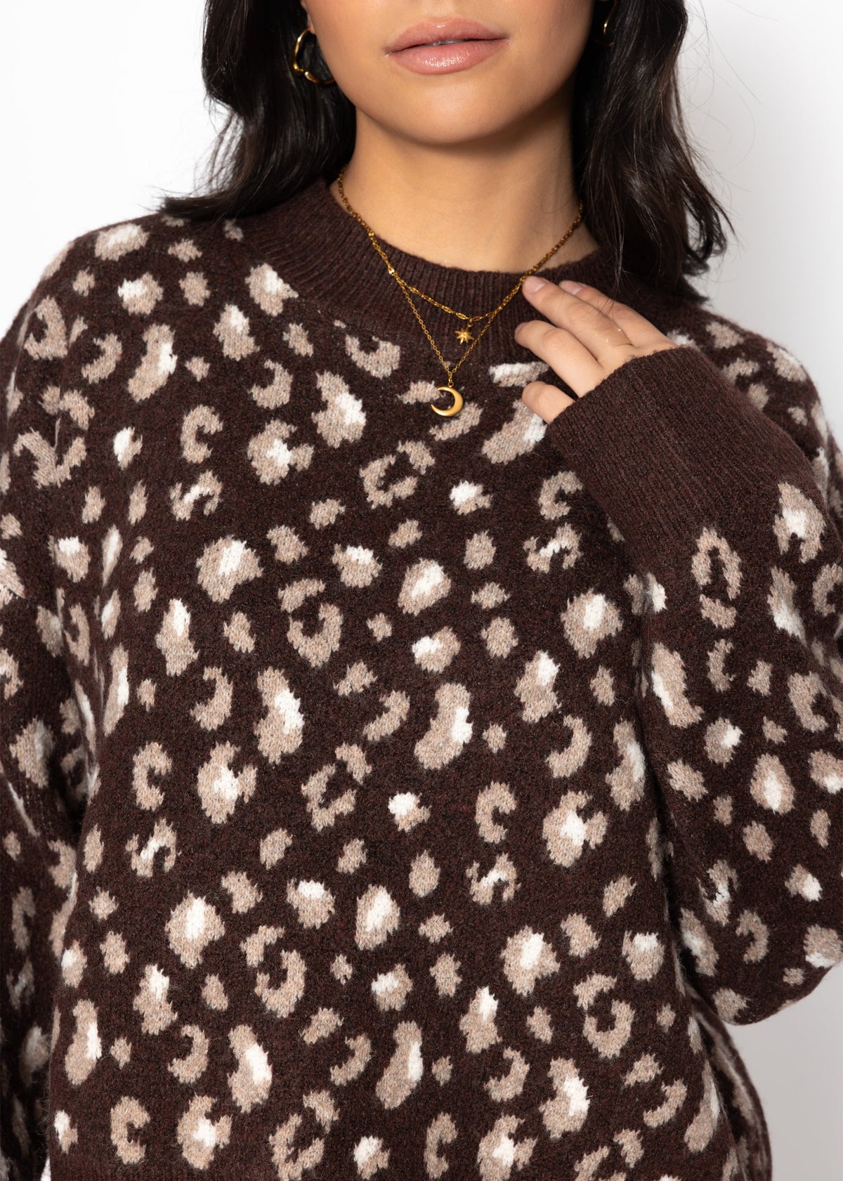 Pull à large côtes et motif léopard - marron