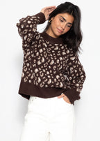 Pull à large côtes et motif léopard - marron