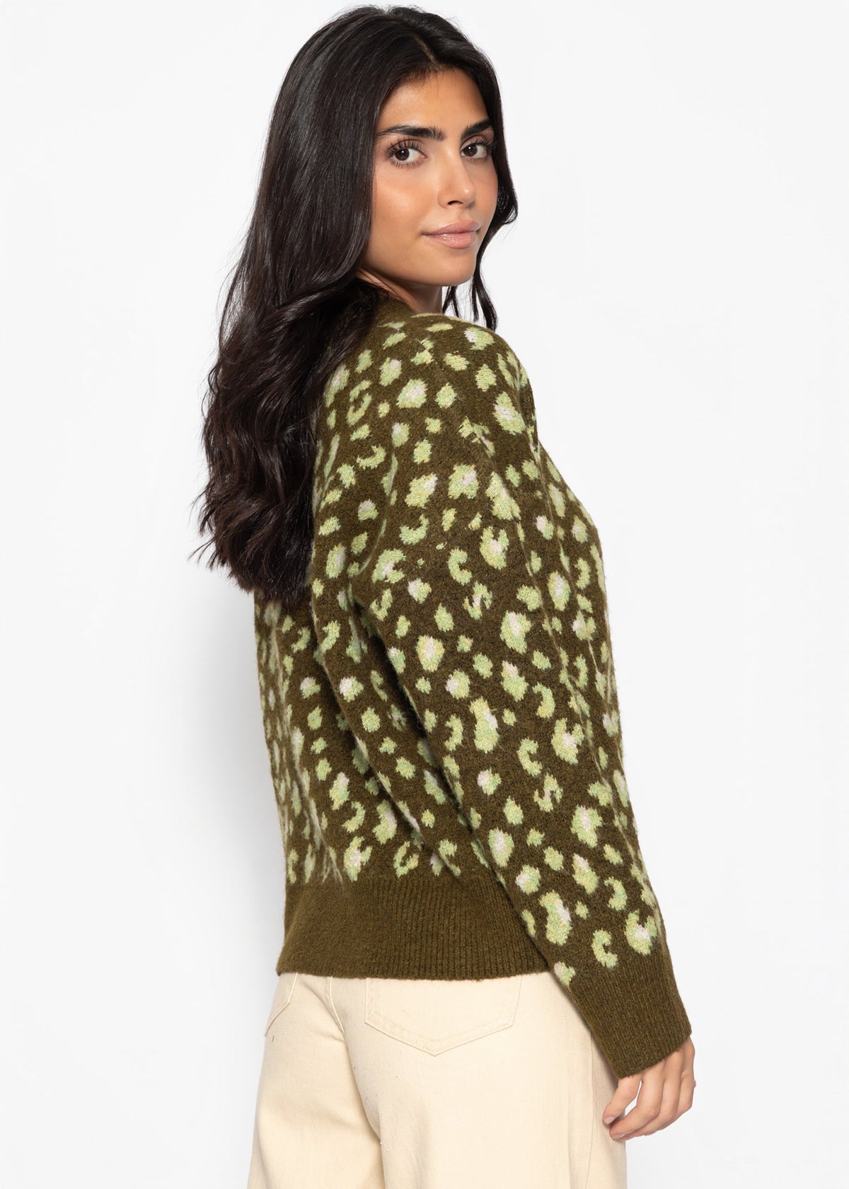 Pull avec large côtes et motif léopard - khaki