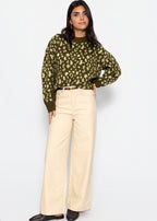 Pull avec large côtes et motif léopard - khaki