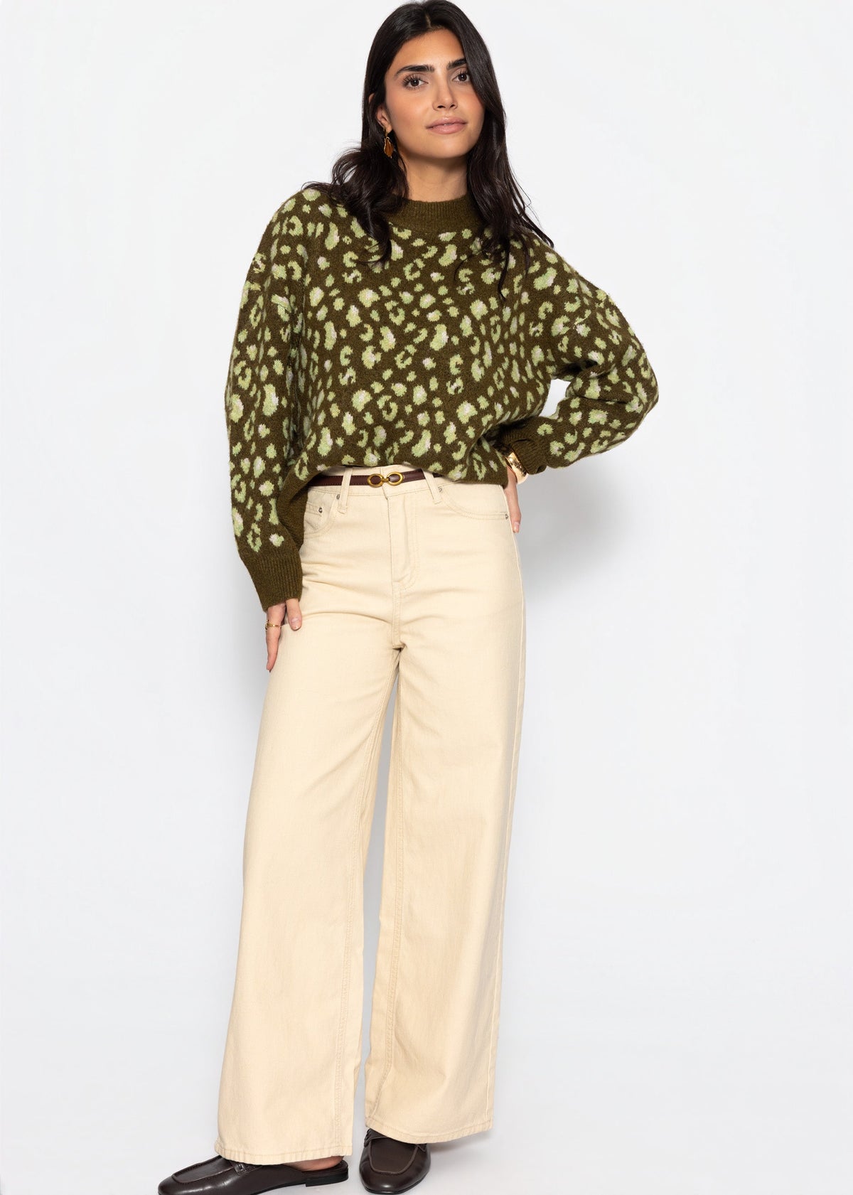 Pull avec large côtes et motif léopard - khaki