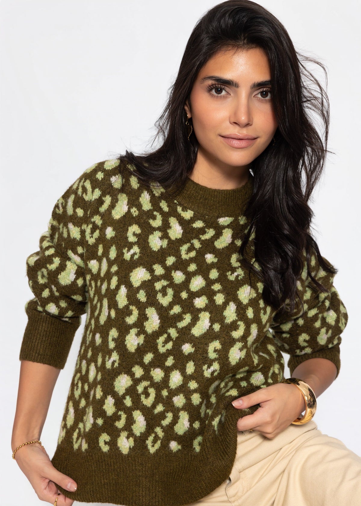Pull avec large côtes et motif léopard - khaki