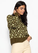 Pull avec large côtes et motif léopard - khaki