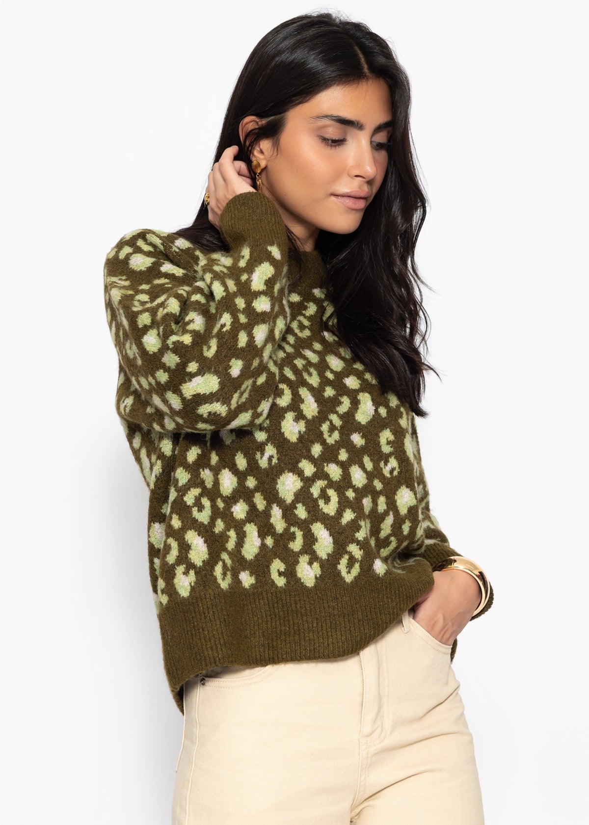 Pull avec large côtes et motif léopard - khaki