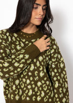 Pull avec large côtes et motif léopard - khaki