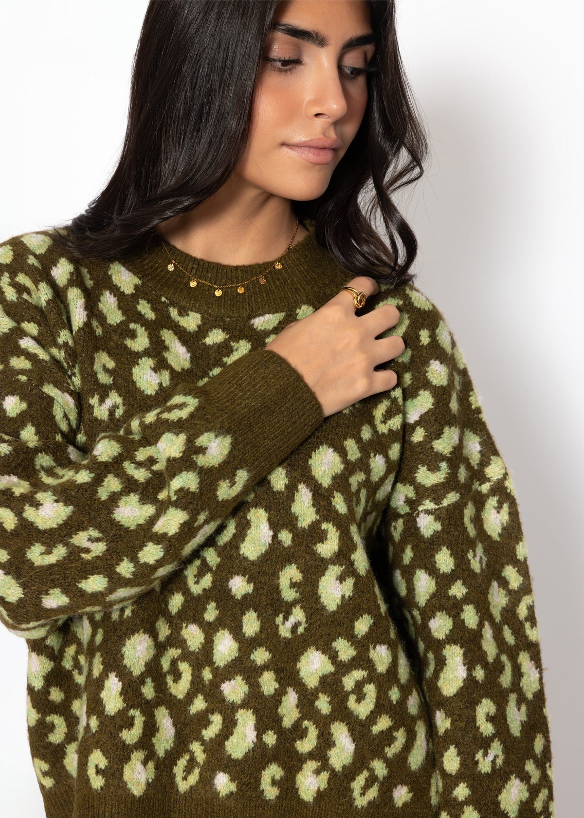 Pull avec large côtes et motif léopard - khaki